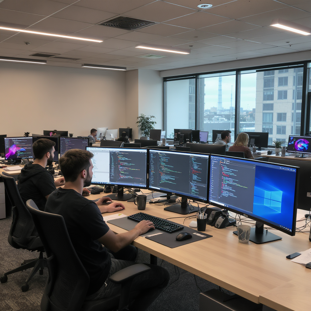 Modern office workspace with developers working on computers, showing collaborative software development environment with multiple monitors and coding interfaces